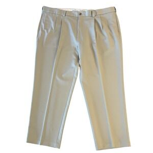 Oak Hill Dress Pants Mens 48x28 Beige Expander Waist Pleated 100% Polyester